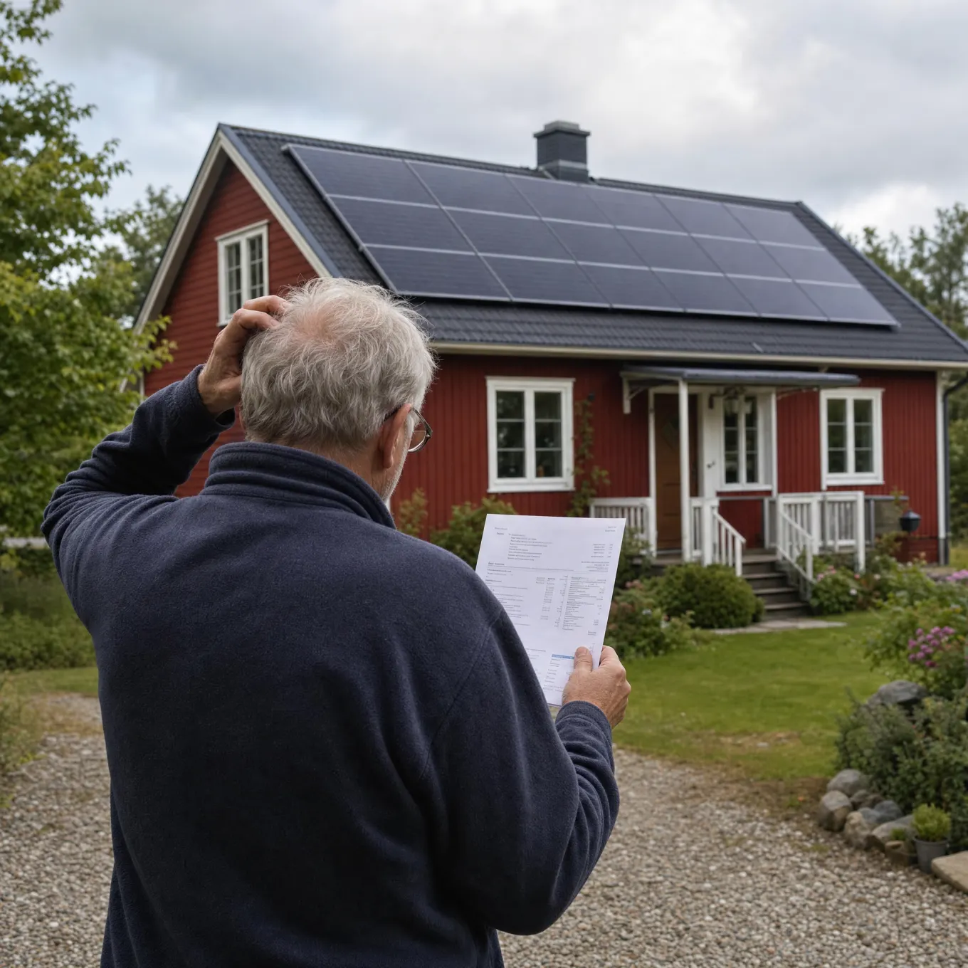 Villaägare framför sitt hus med solpaneler, med elräkningen i handen
