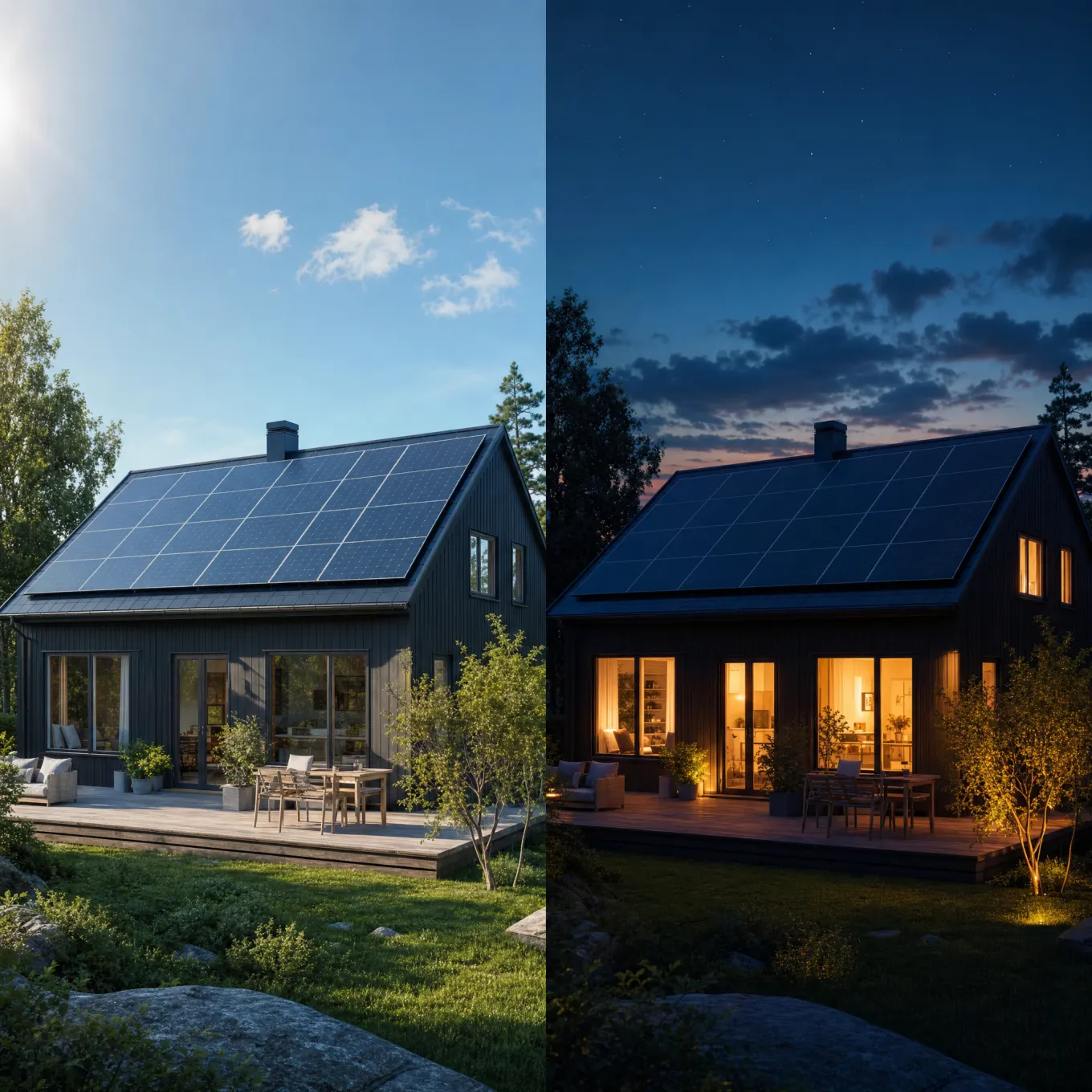 Samma villa med solpaneler i dagsljus och på kvällen