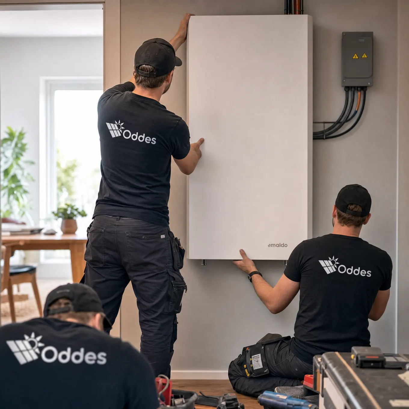 Oddes montörer installerar ett Emaldo-hembatteri hemma hos kund