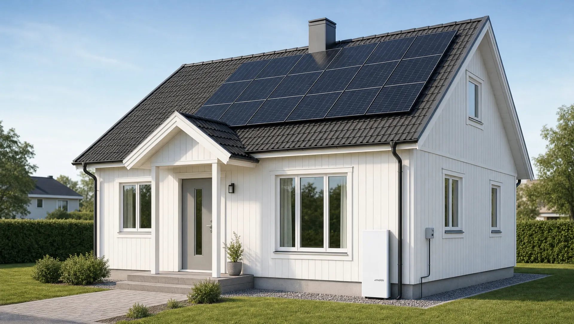Vit villa med solpaneler på taket