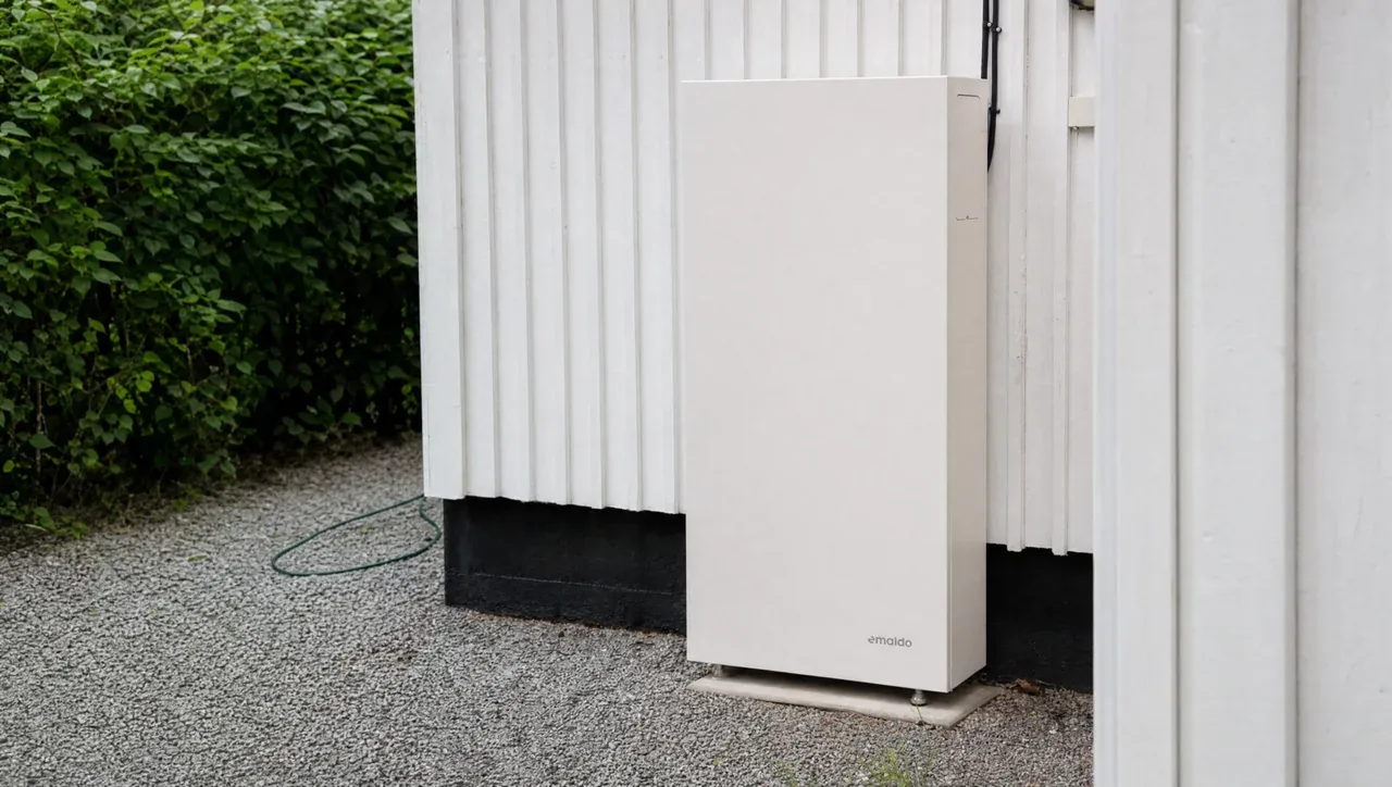 Emaldo Power Store AI installerat vid husväggen på en villa, med häck och grusgång intill