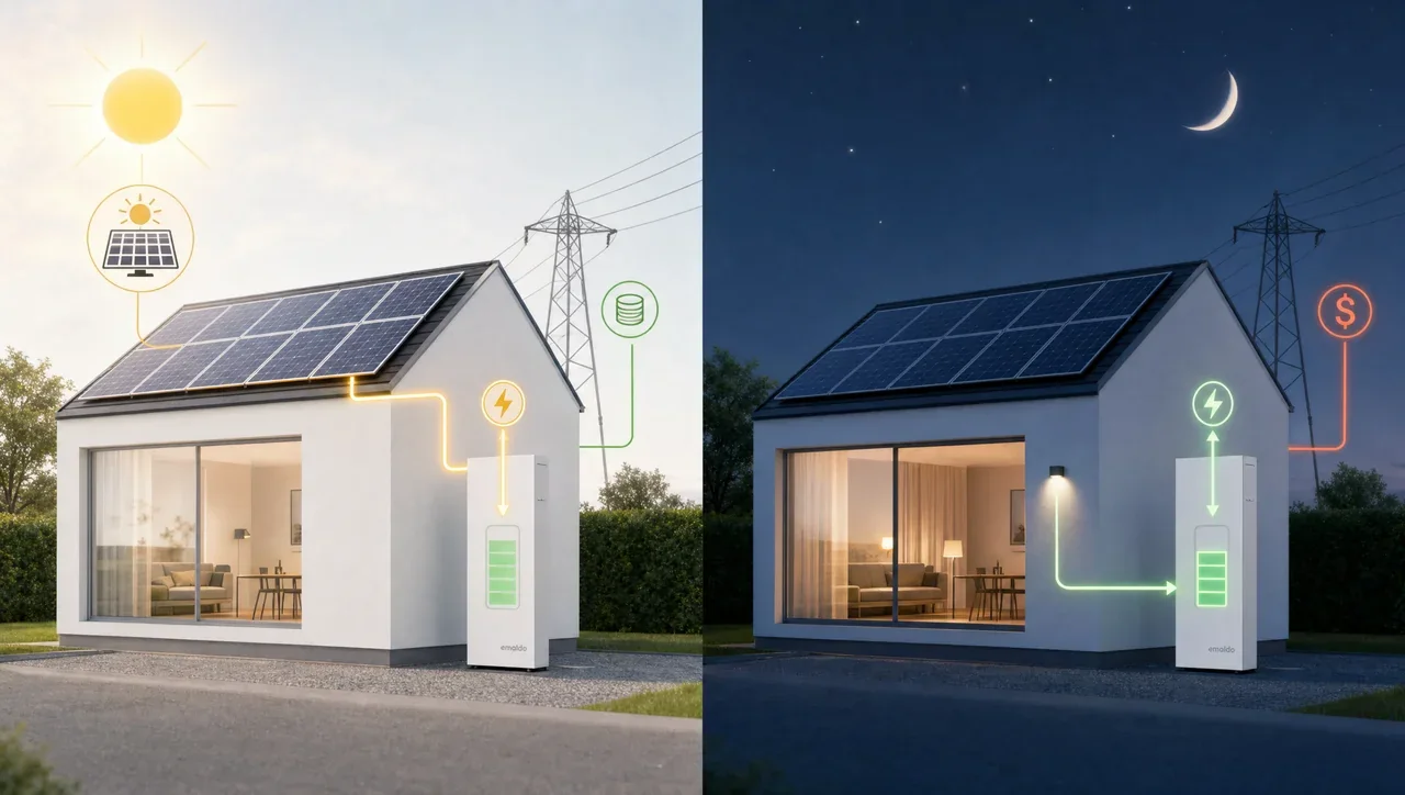 Illustration: på dagen laddas batteriet från solpanelerna, på kvällen använder hushållet den lagrade elen