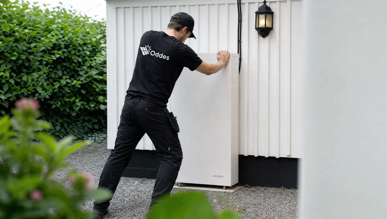 Montör från Oddes ställer ett Emaldo-hembatteri på plats vid husväggen